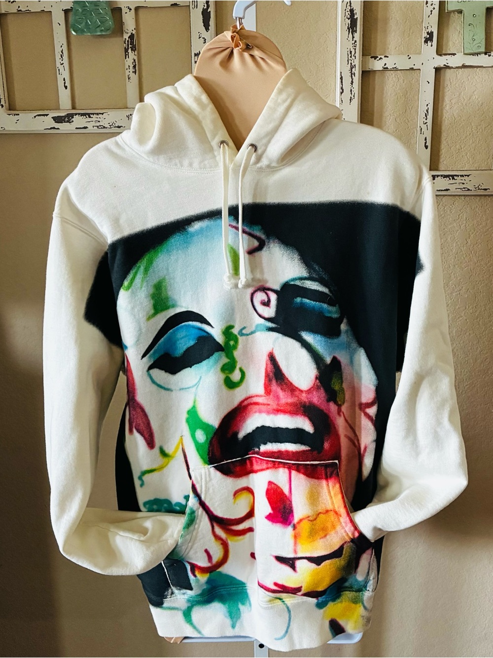 Unisex Supreme White Multicolor Graphic Face Hoodie